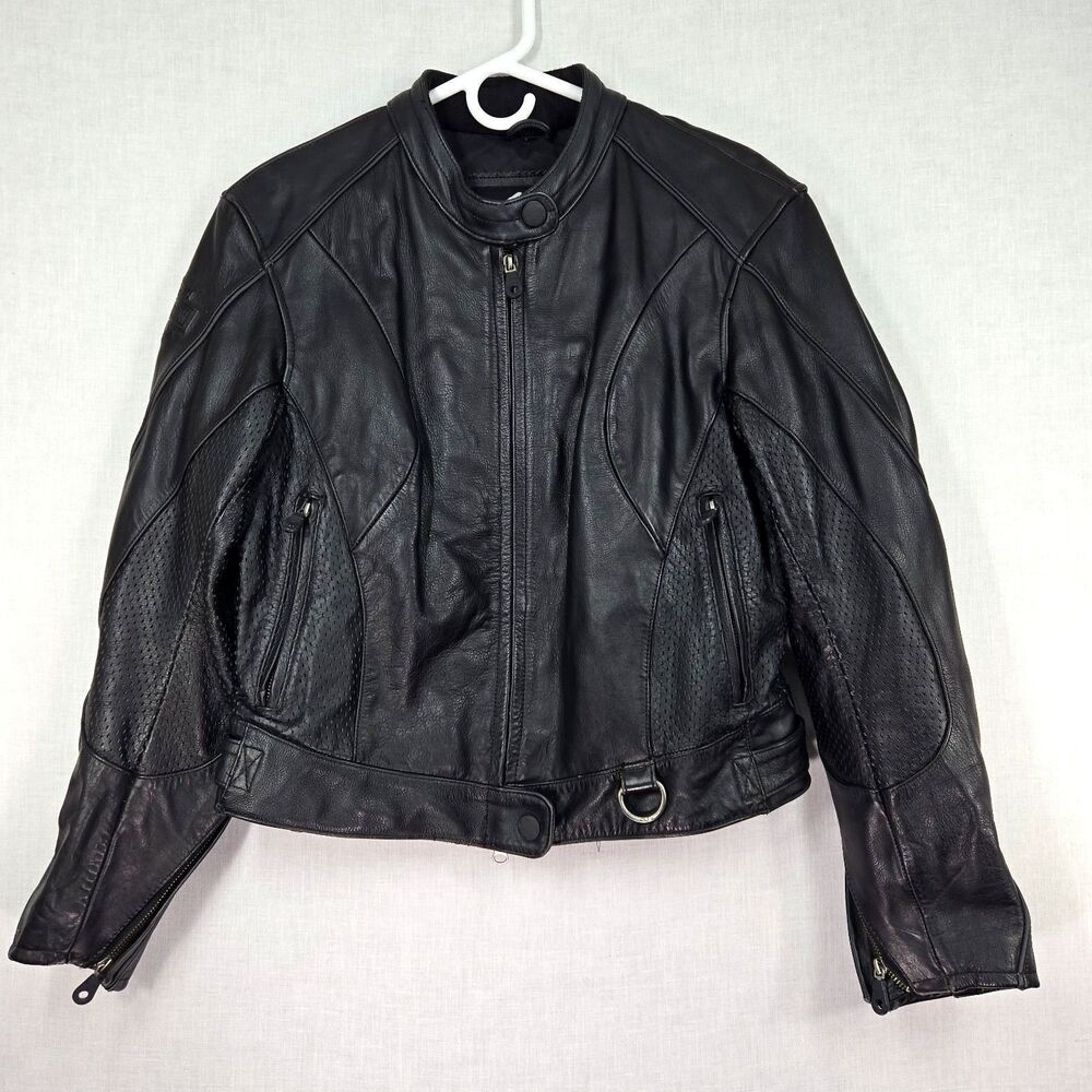 Harley Davidson Women Large Black Leather Jacket Vented Moto Biker Riding Grunge